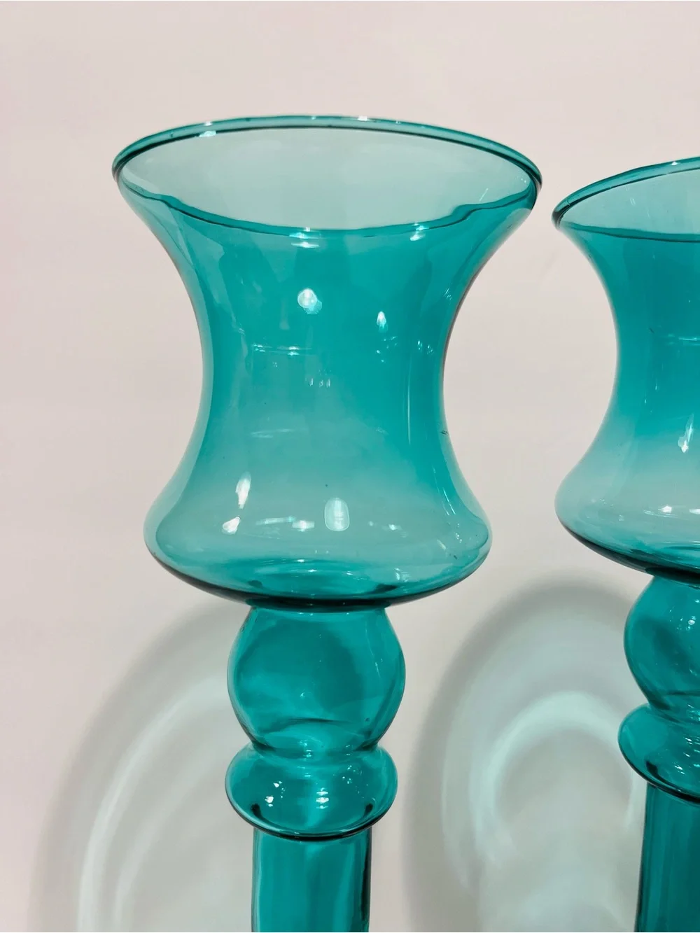 Vintage Emerald Green Handblown Glass Set of 2 Candle Holders 11”
